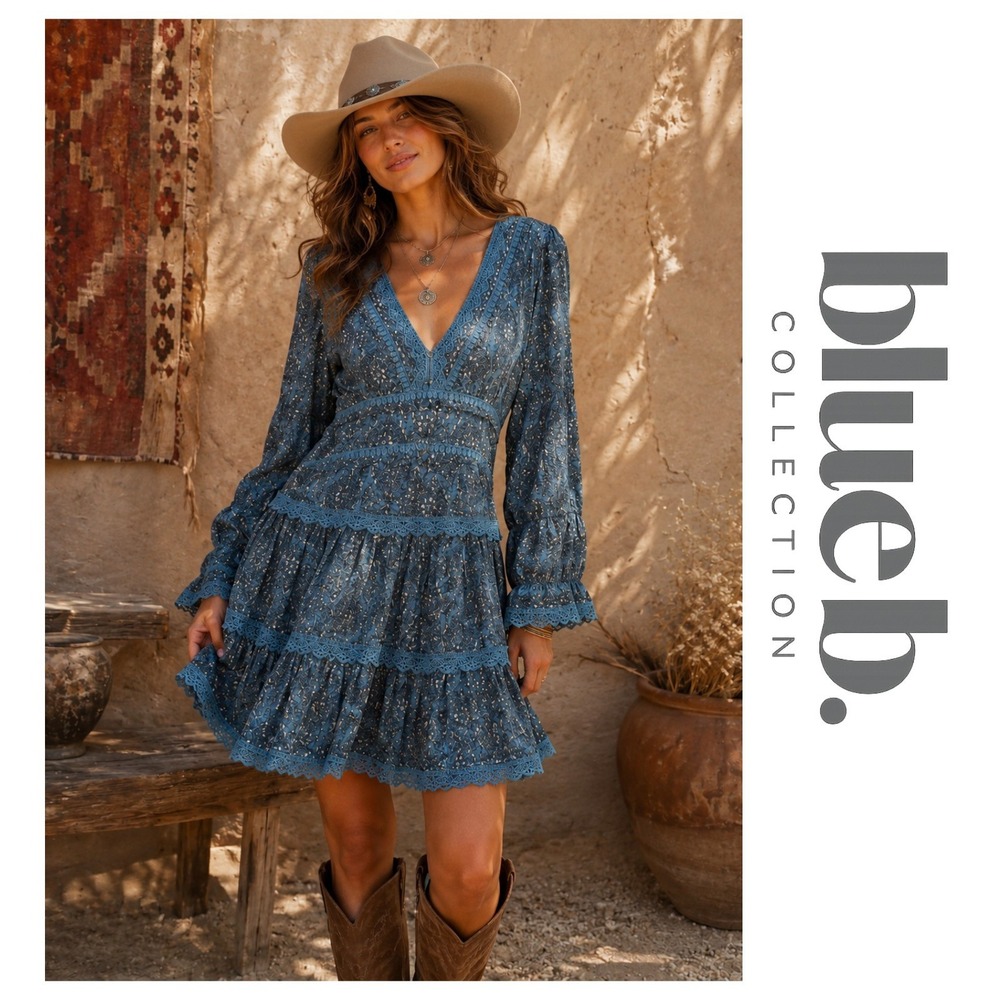 Blue B Collection Blue Lace Floral Smocked Tiered Boho Western Dress L